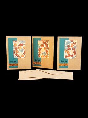 Set of 3 Handmade Thank You Note Cards Kraft Teal Fall Leaves with Glitter Tape